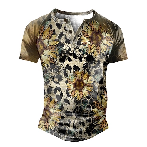 

Men's Henley Shirt Tee T shirt Tee 3D Print Graphic Sunflower Plus Size Henley Daily Sports Patchwork Button-Down Short Sleeve Tops Basic Casual Classic Designer Yellow