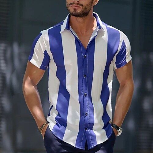 

Men's Shirt Striped Turndown Street Casual Button-Down Short Sleeve Tops Casual Fashion Breathable Comfortable Blue / White