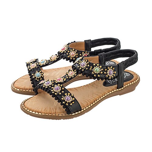 

Women's Sandals Flat Sandals Rhinestone Flat Heel Round Toe Open Toe Elegant Casual Party Beach PU Leather Elastic Band Spring Summer Solid Colored Almond Green White