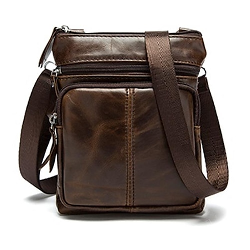 

Men's Sling Bags Mobile Phone Bag Messenger Bag Crossbody Bag Nappa Leather Cowhide Zipper Daily Wine Black Coffee