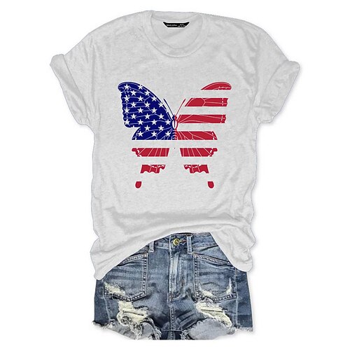 

Women's Casual Weekend Independence Day Butterfly Painting T shirt Tee Butterfly American Flag Short Sleeve Print Round Neck Basic Tops White Black Purple S