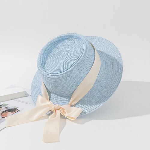 

1pcs New Summer Sun Hats Women Fashion Girl Straw Hats Ribbon Beach Hat Casual Straw Flat Top Panama Hat