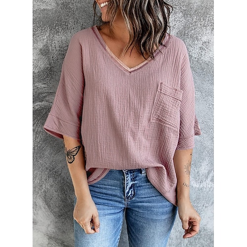 

Women's V-neck Pocket Mid-sleeve Tops Shirt