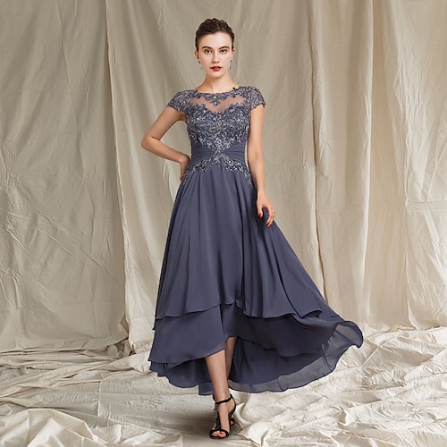 

A-Line Mother of the Bride Dress Elegant Jewel Neck Asymmetrical Tea Length Chiffon Lace Short Sleeve with Ruched Ruffles Appliques 2022