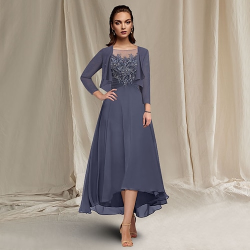 

A-linje Kjole til brudens mor Elegant Asymmetrisk lengde Besmykket Asymmetrisk Te-lengde Chiffon Blonder Kortermet Innpakking inkludert med Bølgemønster Paljett Appliqué 2023