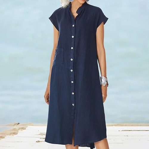 

Women's Shirt Dress Midi Dress Blue Black Short Sleeve Pure Color Button Spring Summer Stand Collar Loose Fit 2022 S M L XL XXL