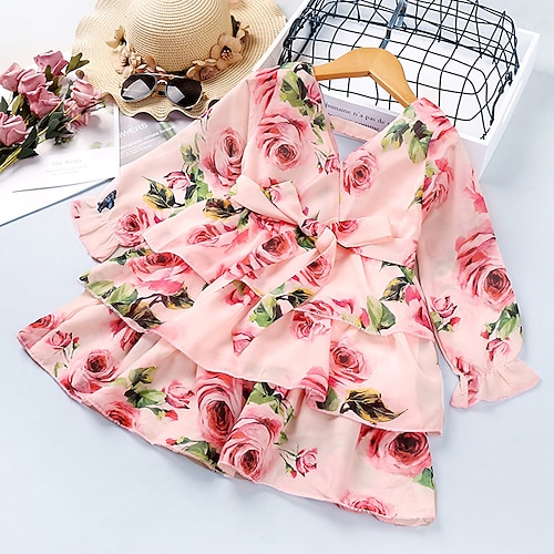 

Bambino (1-4 anni) Da ragazza Vestito floreale Cartoni animati vestito a flori Sopra il ginocchio Vestito Prestazioni A V Manica lunga Attivo Vestito 3-7 anni Estate Rosa