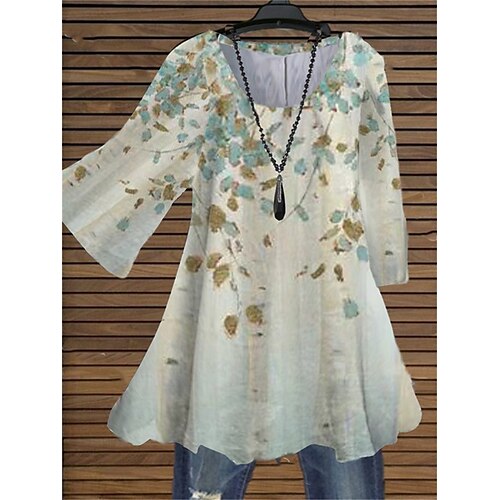 

Women's Plus Size Tops Blouse Shirt Floral Print 3/4 Length Sleeve Crewneck Streetwear Daily Holiday Cotton Spandex Jersey Spring Summer Blue Beige