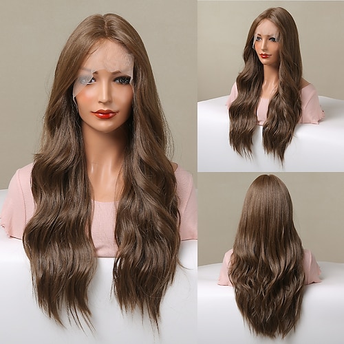 

HAIRCUBE Ombre Brown/Auburn/Golden 26 inch Lace Front Wig Long Natural Wavy 1341 T Part Kanekalon Lace Wig With Baby Hair for Woman 180% Density