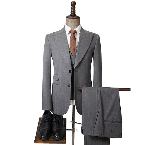 

Gray Men's Wedding Party / Evening Suits 3 Piece Striped Standard Fit Single Breasted Two-buttons 2022