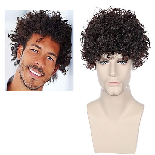 

Short Men Curly Kinky Wigs Dark Brown Curly Men Boy Wigs Come