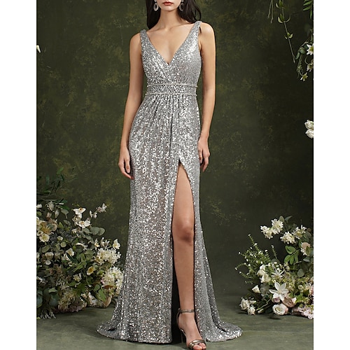 

Mermaid / Trumpet Sparkle & Shine High Split Prom Formal Evening Dress V Neck Sleeveless Court Train Sequined with Sequin Slit 2022