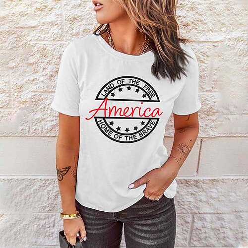 

Women's Casual Weekend Independence Day Painting T shirt Tee Text Star Short Sleeve Print Round Neck Basic Tops Green White Black S