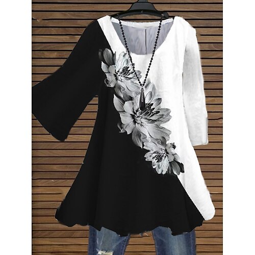 

Women's Plus Size Tops Blouse Shirt Floral Print 3/4 Length Sleeve Crewneck Streetwear Daily Holiday Cotton Spandex Jersey Spring Summer Black
