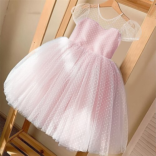 

Kids Girls' Dress Solid Colored Tulle Dress Knee-length Dress Party Ruched Short Sleeve Princess Dress 3-10 Years Spring Green Blue Pink