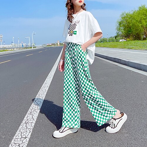 

2 Pieces Kids Girls' T-shirt & Pants Clothing Set Outfit Plaid Letter Short Sleeve Print Cotton Set Outdoor Cute Sweet Spring Summer 4-13 Years Blue White