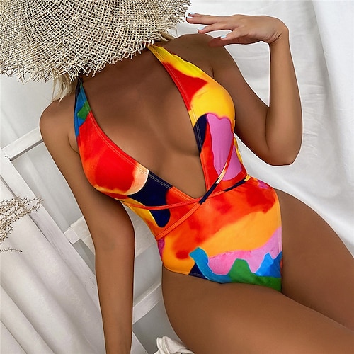 

Women's Swimwear One Piece Monokini Bathing Suits Normal Swimsuit Tummy Control Open Back Printing High Waisted Tie Dye Orange Plunge Bathing Suits New Vacation Fashion / Modern / Padded Bras