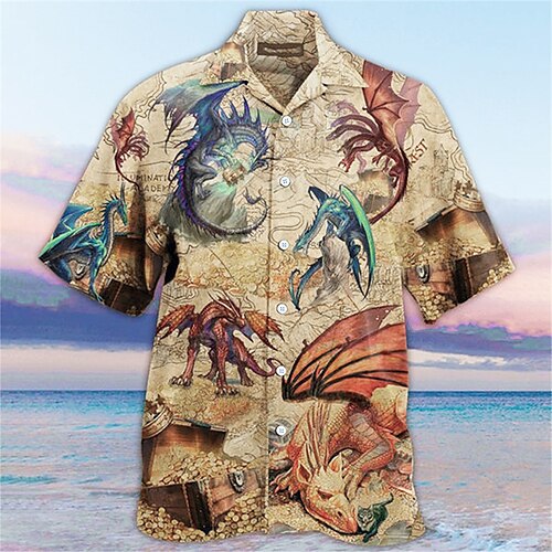 

Men's Shirt 3D Print Dragon Turndown Street Casual Button-Down Short Sleeve Tops Casual Hawaiian Comfortable Beach Brown