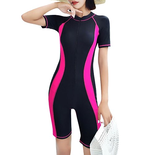 

Women's Rash Guard Dive Skin Suit One Piece Swimsuit UV Sun Protection Plus Size Breathable Short Sleeve Swimwear Bathing Suit Front Zip Boyleg Swimming Diving Surfing Water Sports Patchwork Summer