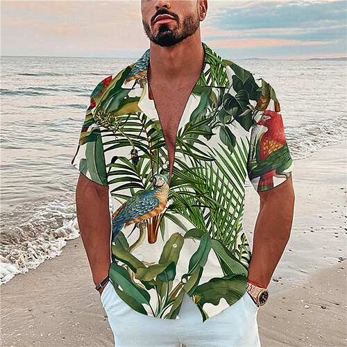 

Men's Shirt Graphic Shirt Parrot Leaves Turndown Green Blue Purple Gray Print Outdoor Street Short Sleeve Button-Down Print Clothing Apparel Fashion Designer Casual Breathable / Summer / Spring