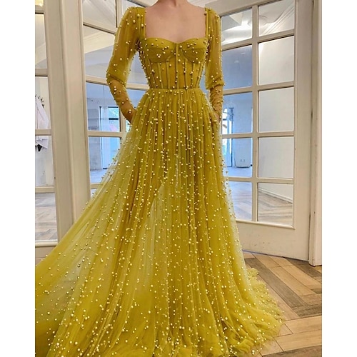 

A-Line Minimalist Vintage Wedding Guest Prom Dress Square Neck Long Sleeve Sweep / Brush Train Tulle with Beading Pure Color 2022