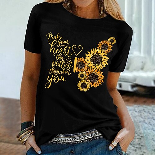 

Women's T shirt Tee Black Blue Gray Sunflower Text Print Short Sleeve Casual Holiday Basic Round Neck Regular Cotton Floral Painting S