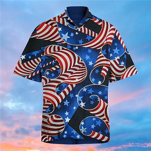 

Men's Shirt Print Star National Flag Turndown Street Casual Button-Down Print Short Sleeve Tops Casual Fashion Designer Blue