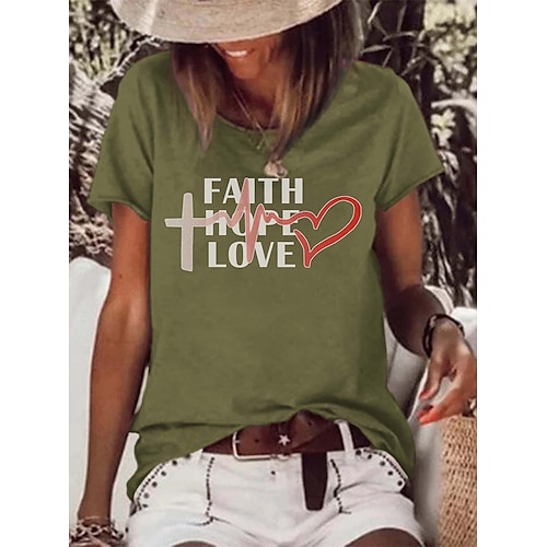 

Women's T shirt Tee Blue Pink Light Green Heart Text Print Short Sleeve Casual Weekend Basic Round Neck Regular Cotton Religious Painting S