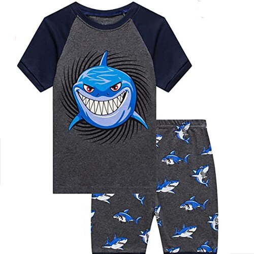 

2 Pieces Kids Boys T-shirt & Shorts Clothing Set Outfit Animal Shark Short Sleeve Crewneck Set Outdoor Sports Fashion Cool Spring Summer 3-13 Years Gray