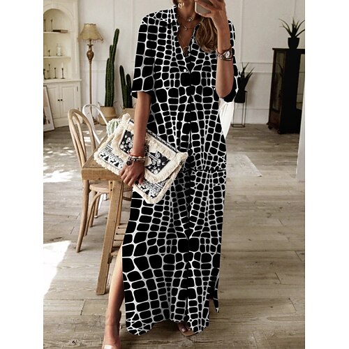 

Women's Long Dress Maxi Dress Black Half Sleeve Plaid Ruched Fall Spring Autumn Shirt Collar Modern 2022 S M L XL XXL 3XL