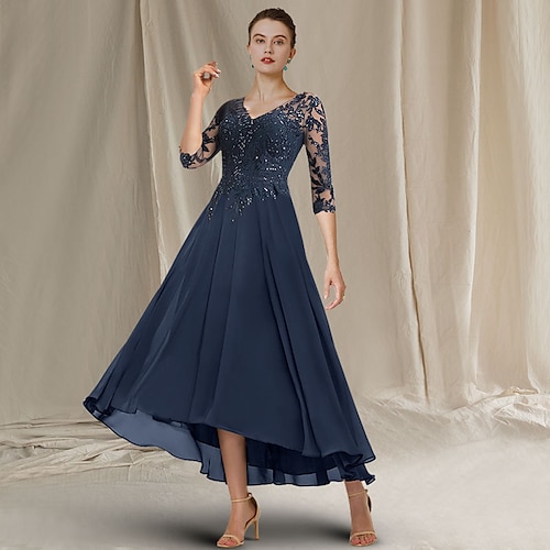 

A-Line Mother of the Bride Dress Elegant Sparkle & Shine V Neck Asymmetrical Tea Length Chiffon Lace Half Sleeve with Sequin Ruffles Appliques 2022