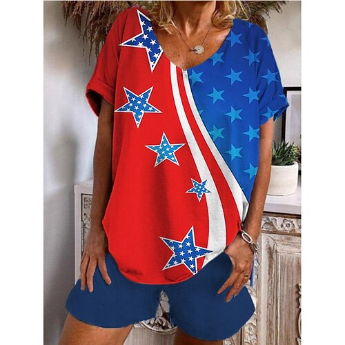 

Women's Loungewear Sets Nighty 2 Pieces Stripe Star Comfort Sweet Home Daily Polyester V Wire Short Sleeve Spring Summer White Blue