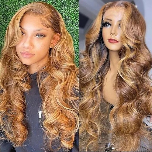 

Ombre Highlight 13x4 Lace Front Human Hair Wig Body Wave Brown Blonde #TL412 Color Brazilian Remy Hair Lace Frontal Wig Pre Plucked with Baby Hair for Women 150% Density