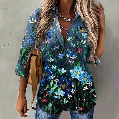 

Women's Shirt Blouse Green Floral Button Print Long Sleeve Daily Holiday Streetwear Casual Shirt Collar Regular Floral S