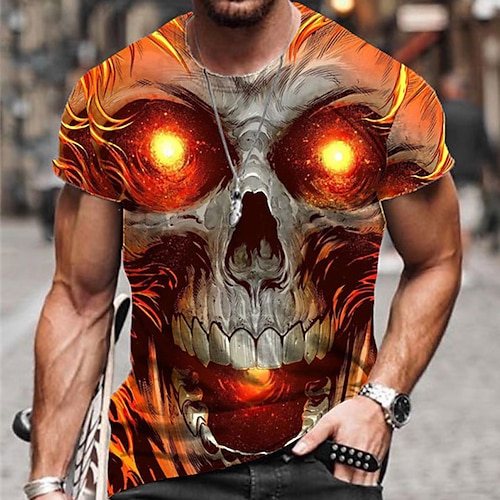 

Skull Mens 3D Shirt For Halloween | Yellow Summer Cotton | Men'S Unisex Tee Graphic Prints Crew Neck Pink Blue Purple Orange 3D Outdoor Street Short