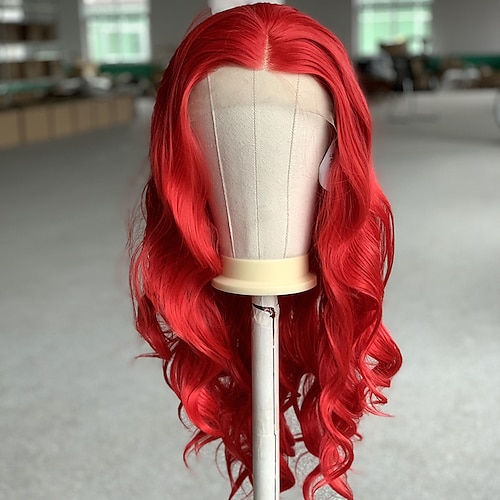 

Front lace Wig Red Long Wavy Middle Part Hair Synthetic wigs Daily Party for Women Heat Resistant Fiiber Hair Lace Wigs