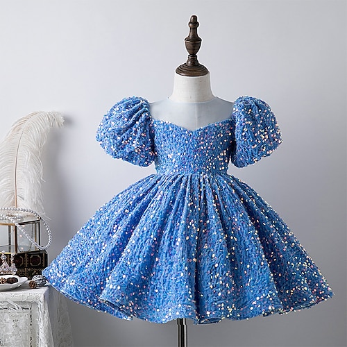 

Kids Little Girls' Dress Solid Colored Sequin A Line Dress Party Performance Mesh Bow Light Blue Above Knee Short Sleeve Princess Sweet Dresses Spring Summer Regular Fit 3-10 Years