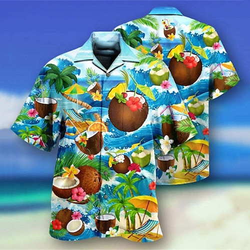 

Men's Shirt Fruit Turndown Street Casual 3D Button-Down Short Sleeve Tops Casual Fashion Comfortable Beach Blue