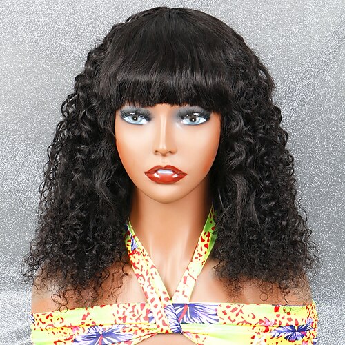 

Human Hair Wig Long Deep Curly Neat Bang Natural Classic Adorable Best Quality Capless Brazilian Hair Unisex Natural Black #1B 10 inch 12 inch 14 inch Party / Evening Daily Wear Vacation