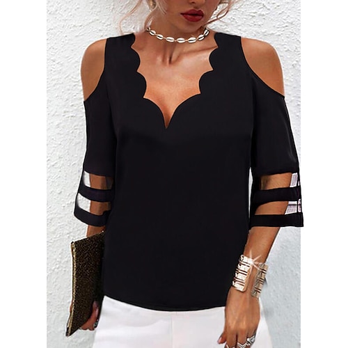 

Women's T shirt Tee Black Plain Mesh Patchwork 3/4 Length Sleeve Casual Weekend Basic V Neck Regular S / Cut Out