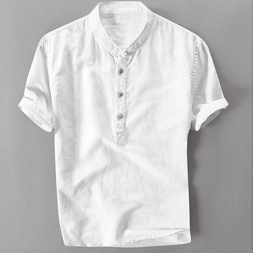 

Men's Shirt Solid Color Collar Street Sports Outdoor Short Sleeve Tops Cotton Casual Daily Breathable Comfortable Henley Light Blue Green off-white / Summer/Beach