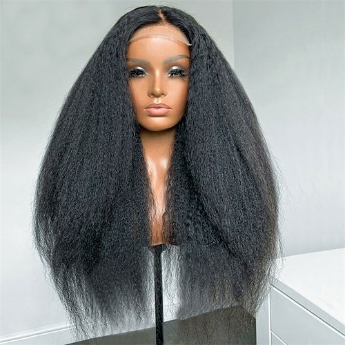 

Kinky Straight 180% Density Black Color Yaki Lace Front Wig For Black Women With Synthetic Heat Temperature Glueless Daily Wig