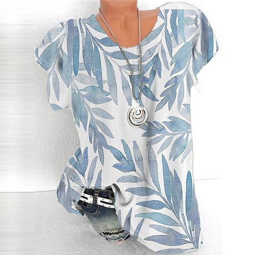 

Women's Plus Size Tops T shirt Leaf Print Short Sleeve Crewneck Streetwear Daily Sports Cotton Spandex Jersey Spring Summer Blue
