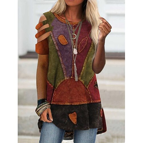 

Women's Daily Geometric T shirt Tee Graphic Short Sleeve Cold Shoulder Print Round Neck Basic Tops Orange S / 3D Print