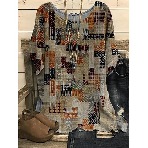 

Mulheres Camisa Social Blusa Caqui Geometria Imprimir Manga Curta Diário Férias Vintage Roupa de rua Gola Redonda Padrão Linho Tamanho Grande L