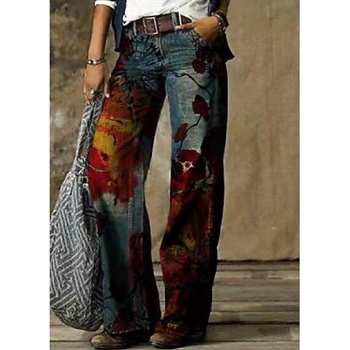 

Women's Pants Trousers Faux Denim Yellow Light Green Dark Green High Waist Fashion Streetwear Casual / Sporty Casual Daily Print Micro-elastic Full Length Flower / Floral S M L XL XXL / Loose Fit