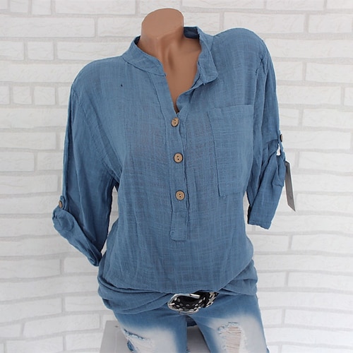 

Women's Plus Size Tops Blouse Shirt Plain Button Pocket Short Sleeve Standing Collar Streetwear Daily Going out Linen Spring Fall Blue Fuchsia