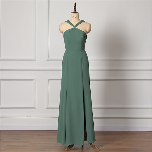 

A-Line Bridesmaid Dress Cross Front Sleeveless Sexy Floor Length Chiffon with Draping 2022