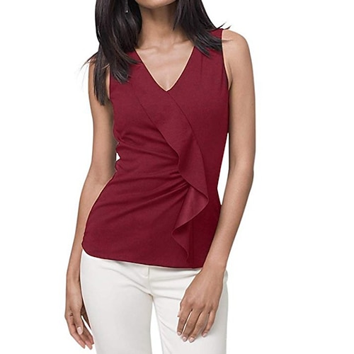 

Women's Tank Top Camis Plain Ruffle V Neck Casual Streetwear Tops Green Black Wine