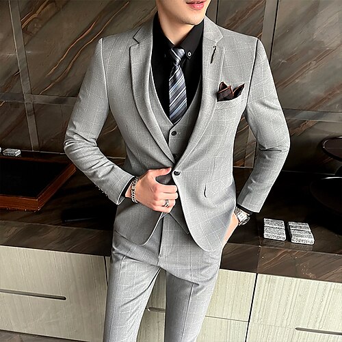 

Black Light Grey Dark Gray Men's Business / Ceremony / Wedding Suits 3 Piece Checkered Slim Fit Single Breasted One-button 2022